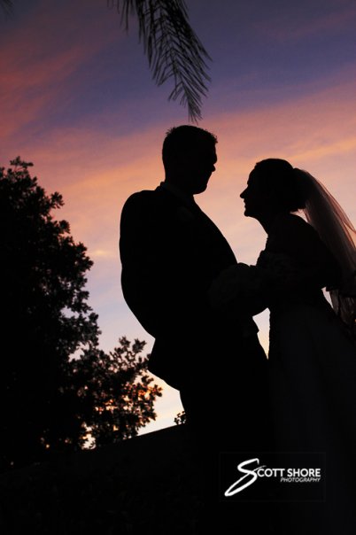 sunset, bride and groom